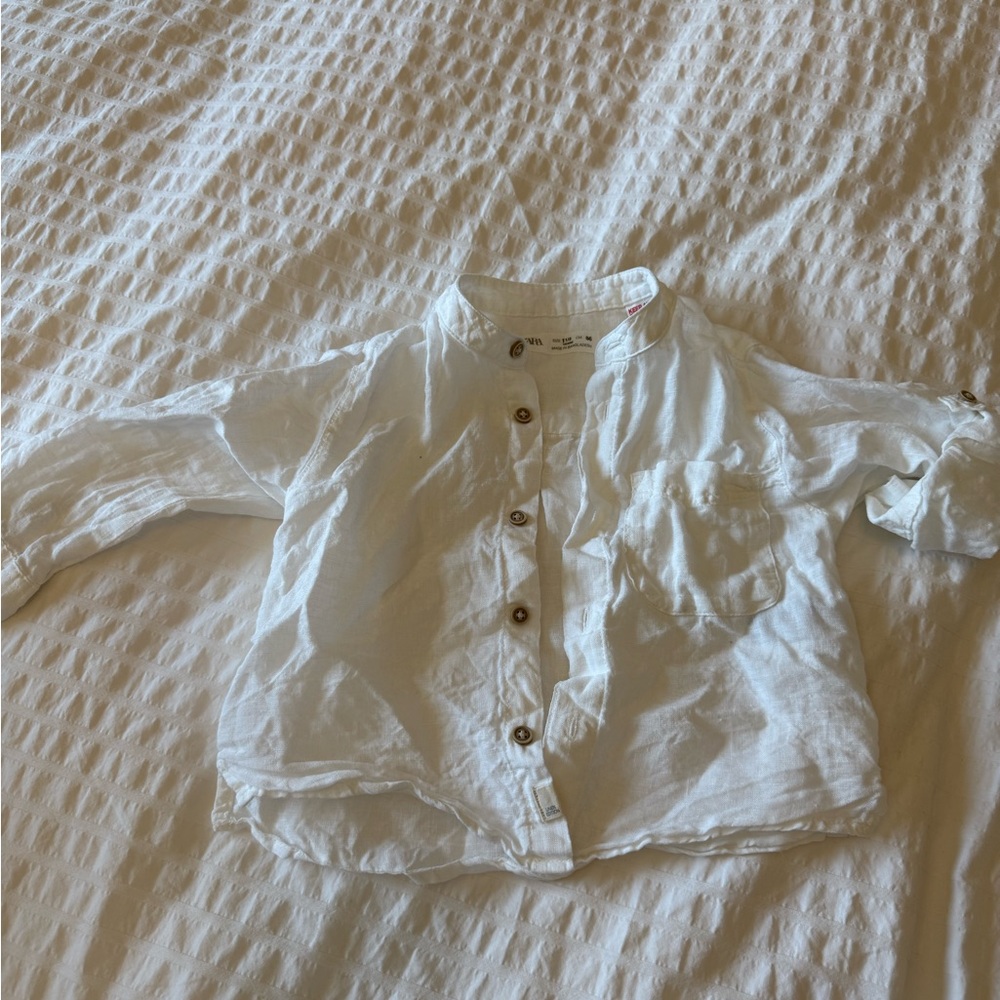 Zara Linen Mandarin Collar White Button Down Shirt